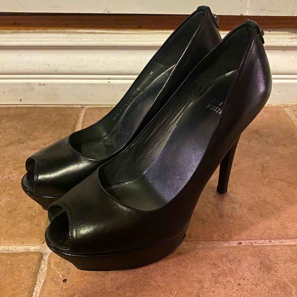 Stuart Weitzman Platform Leather Peep Toe Heels